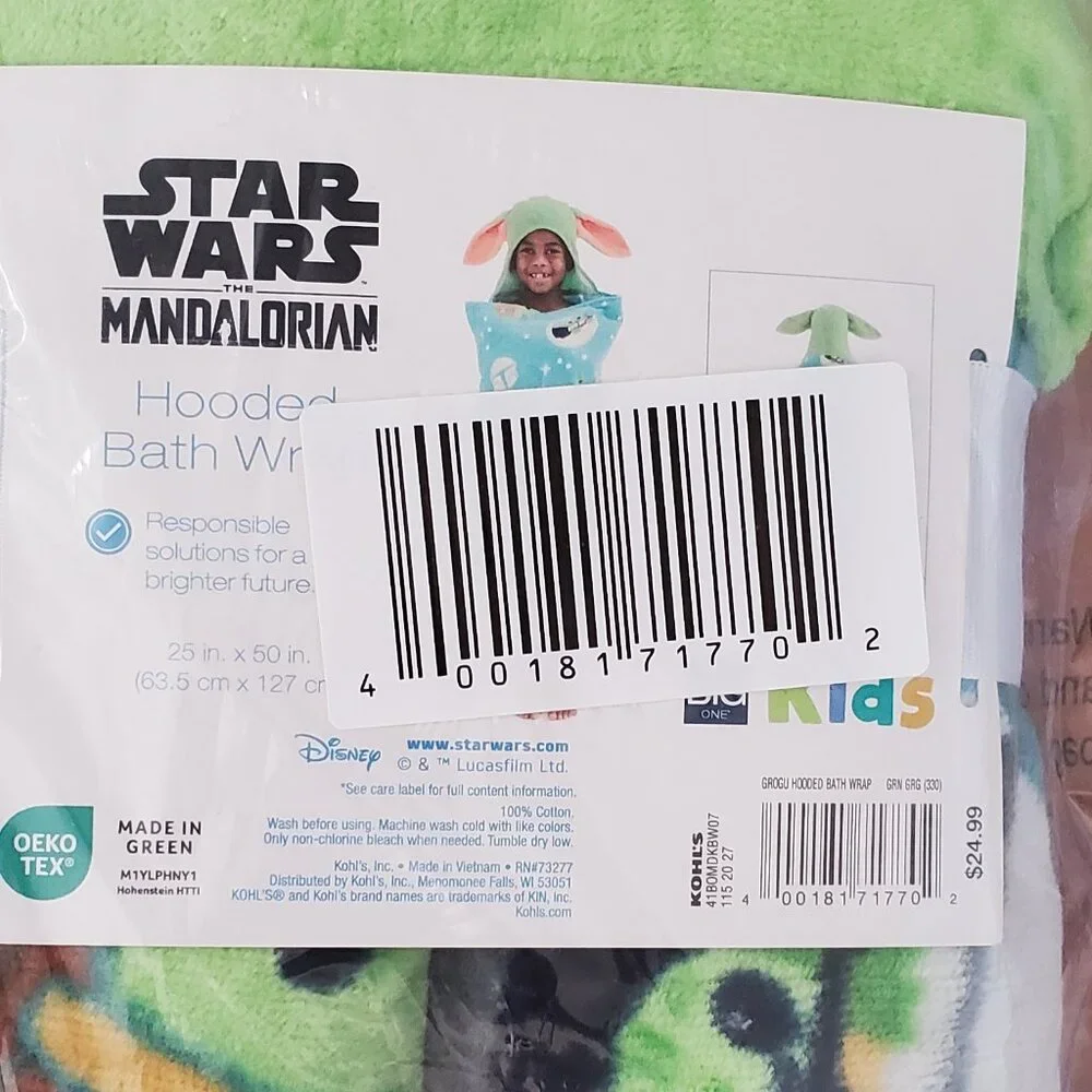 Star Wars The Mandalorian Grogu Hooded Bath Wrap by The Big One 25x50 NWT